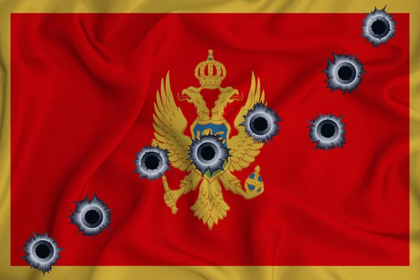 Montenegro Flag Close Shot Waving Background Texture Bullet Holes Concept — Foto Stock