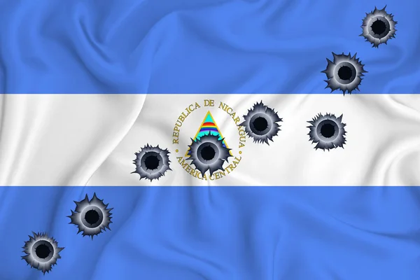 Nicaragua Flag Close Shot Waving Background Texture Bullet Holes Concept — 图库照片