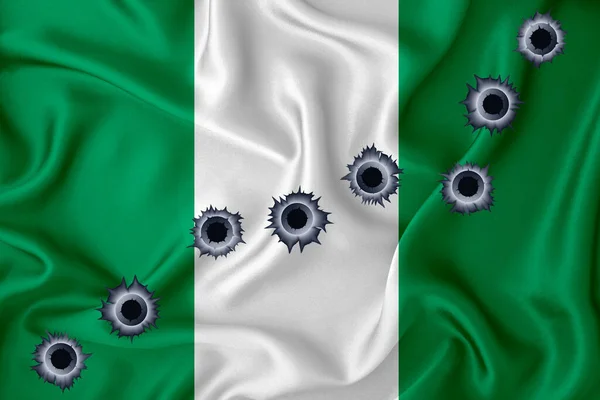 Nigeriaflag Close Shot Waving Background Texture Bullet Holes Concept Design — Stockfoto