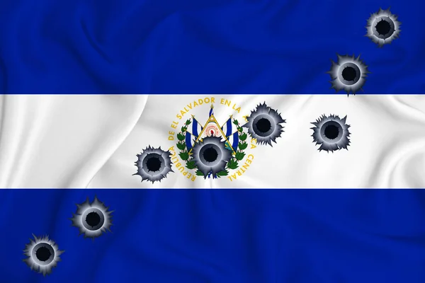 Salvador Flag Close Shot Waving Background Texture Bullet Holes Concept — Fotografia de Stock