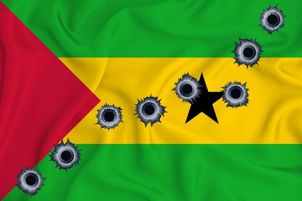 Sao Tome Flag Close Shot Waving Background Texture Bullet Holes — Foto Stock