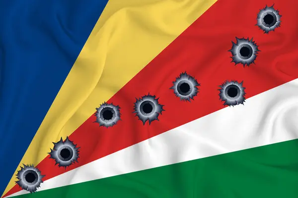 Seychelles Flag Close Shot Waving Background Texture Bullet Holes Concept — Stock fotografie