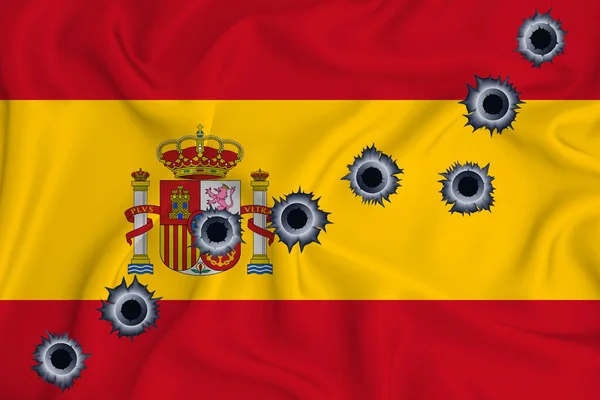 Spain Flag Close Shot Waving Background Texture Bullet Holes Concept — Stock Fotó