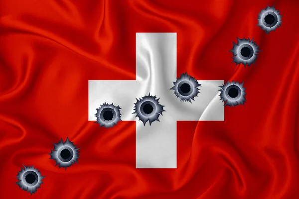 Switzerland Flag Close Shot Waving Background Texture Bullet Holes Concept — 图库照片