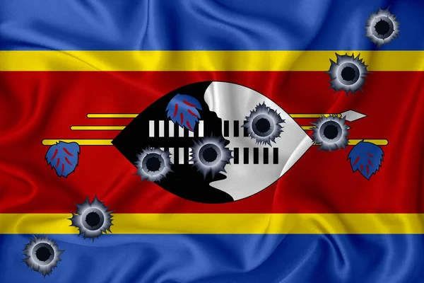 Swaziland Flag Close Shot Waving Background Texture Bullet Holes Concept — Stock fotografie