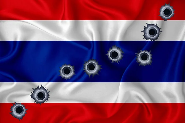 Thailand Flag Close Shot Waving Background Texture Bullet Holes Concept — Fotografia de Stock