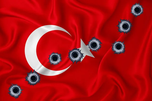 Turkey Flag Close Shot Waving Background Texture Bullet Holes Concept — Stockfoto