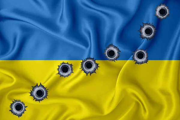 Ukraine Flag Close Shot Waving Background Texture Bullet Holes Concept — Stock Fotó