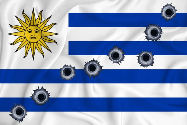 Uruguay Flag Close Shot Waving Background Texture Bullet Holes Concept — 스톡 사진