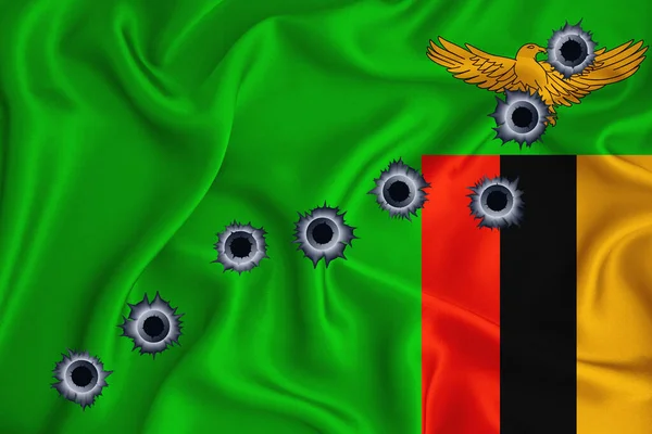 Zambia Flag Close Shot Waving Background Texture Bullet Holes Concept — Stok fotoğraf
