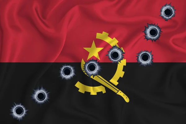 Angola Flag Close Shot Waving Background Texture Bullet Holes Concept — стокове фото