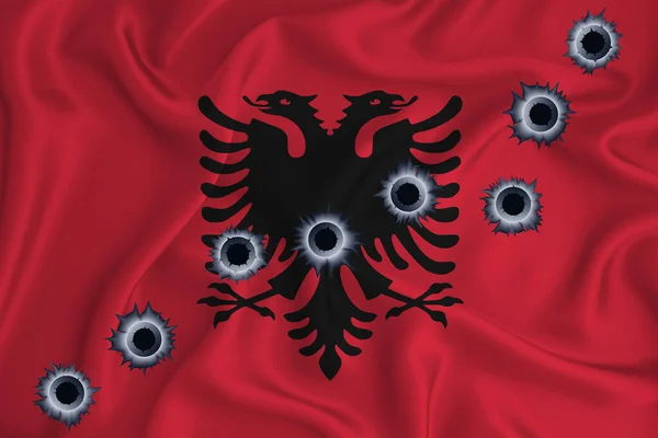 Albania Flag Close Shot Waving Background Texture Bullet Holes Concept — Fotografia de Stock