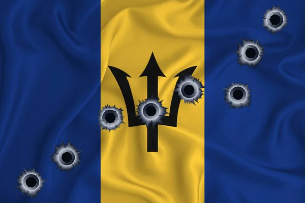 Barbados Flag Close Shot Waving Background Texture Bullet Holes Concept — Stok fotoğraf