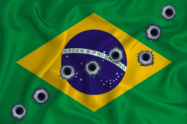 Brazil Flag Close Shot Waving Background Texture Bullet Holes Concept — Stock Fotó