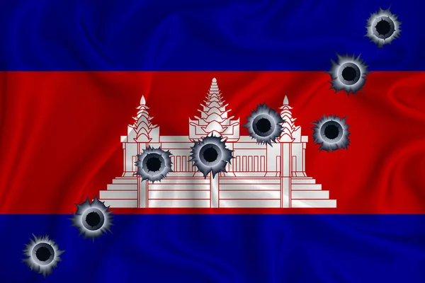 Cambodia Flag Close Shot Waving Background Texture Bullet Holes Concept — Fotografia de Stock