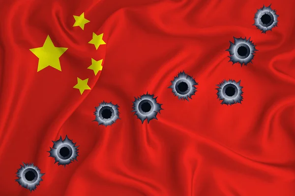 China Flag Close Shot Waving Background Texture Bullet Holes Concept — Fotografia de Stock