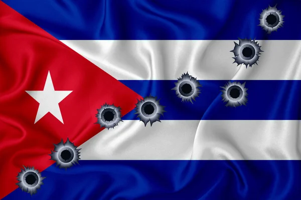 Cuba Flag Close Shot Waving Background Texture Bullet Holes Concept — Stock fotografie