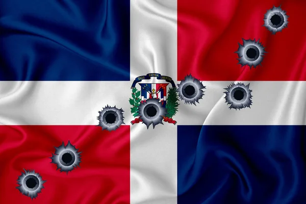 Dominican Flag Close Shot Waving Background Texture Bullet Holes Concept — Fotografia de Stock
