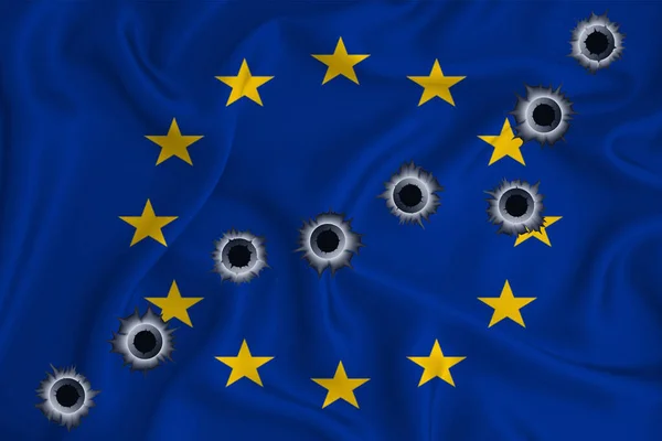 欧盟旗帜特写镜头在挥动背景纹理与弹孔 设计解决方案的概念 3D渲染 — 图库照片