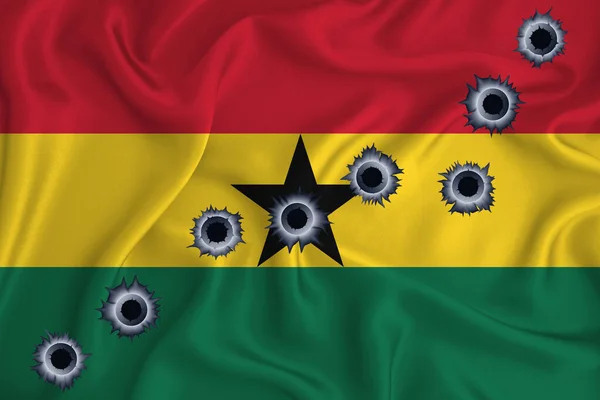 Ghana Flag Close Shot Waving Background Texture Bullet Holes Concept — Stok fotoğraf