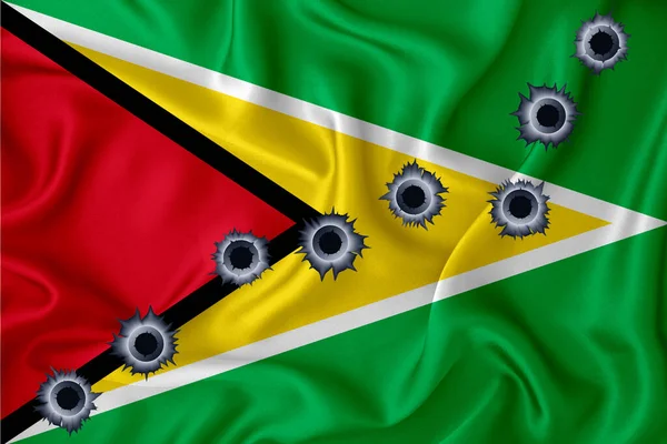 Guyana Flag Close Shot Waving Background Texture Bullet Holes Concept — Stok fotoğraf