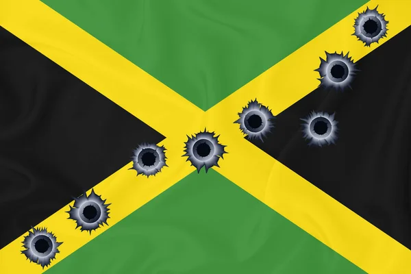 Jamaica Flag Close Shot Waving Background Texture Bullet Holes Concept — Stok fotoğraf