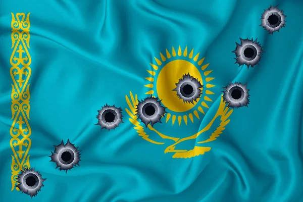 Kazakhstan Flag Close Shot Waving Background Texture Bullet Holes Concept — Stok fotoğraf