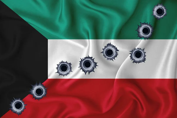 Kuwait Flag Close Shot Waving Background Texture Bullet Holes Concept — стокове фото