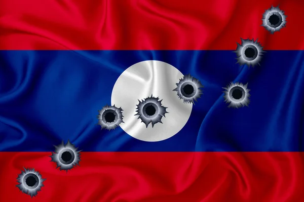 Laos Flag Close Shot Waving Background Texture Bullet Holes Concept — Fotografia de Stock