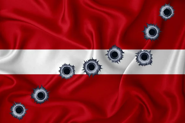 Latvia Flag Close Shot Waving Background Texture Bullet Holes Concept — Stock fotografie