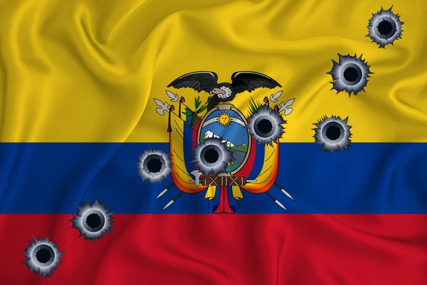 Ecuador Flag Close Shot Waving Background Texture Bullet Holes Concept Стоковое Изображение