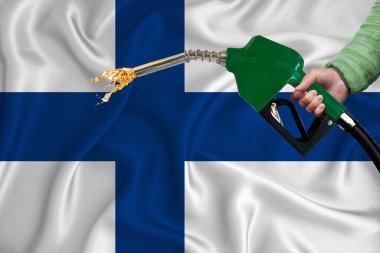 Yakıt pompası başlığıyla arka plan dokusunu sallarken çekilen FINLAND bayrağı görüntüsü. Tasarım çözümleri kavramı. 3d oluşturma
