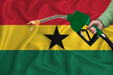 Elinde yakıt pompası başlığıyla arka plan dokusunu sallayan GHANA bayrağının yakın plan çekimi. Tasarım çözümleri kavramı. 3d oluşturma