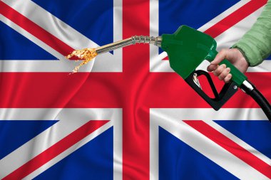 Yakıt pompası enjektörüyle arka plan dokusunu sallarken harika bir BRITAIN bayrağı görüntüsü. Tasarım çözümleri kavramı. 3d oluşturma