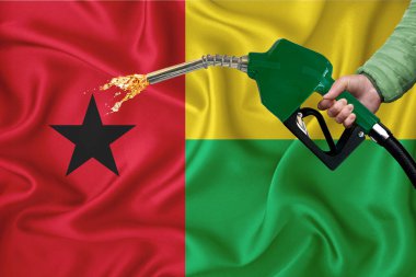 Guinea-BISSAU bayrağı. Yakıt pompası başlığıyla arka plan dokusunu sallarken yakın çekim. Tasarım çözümleri kavramı. 3d oluşturma