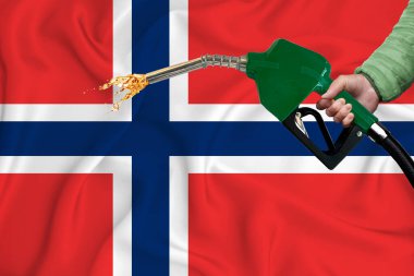 Yakıt pompası başlığıyla arka plan dokusunu sallarken çekilen NORway bayrağı yakın çekim görüntüsü. Tasarım çözümleri kavramı. 3d oluşturma