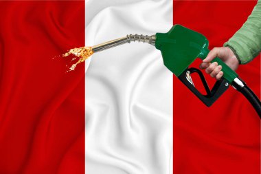 Yakıt pompası başlığıyla arka plan dokusunu sallarken Peru bayrağının yakın plan çekimi. Tasarım çözümleri kavramı. 3d oluşturma