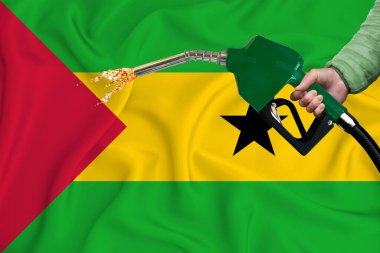 Yakıt pompası başlığıyla arka plan dokusunu sallarken SAO TOME bayrağının yakın plan çekimi. Tasarım çözümleri kavramı. 3d oluşturma