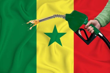 Yakıt pompası başlığıyla arka plan dokusunu sallarken SENEGAL bayrağının yakın plan çekimi. Tasarım çözümleri kavramı. 3d oluşturma