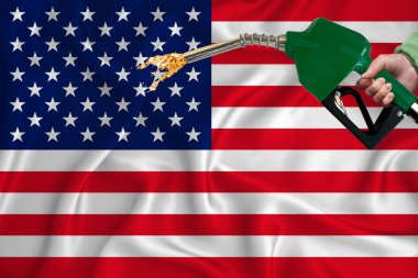 Yakıt pompası hortumuyla arka plan dokusunu sallarken ABD bayrağının yakın plan çekimi. Tasarım çözümleri kavramı. 3d oluşturma