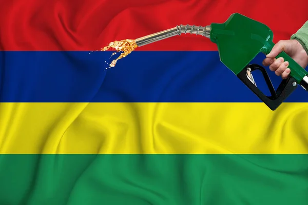 Mauritius Flag Close Shot Waving Background Texture Fuel Pump Nozzle — Stock Photo, Image