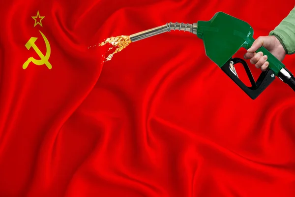 Ussr Flag Close Shot Waving Background Texture Fuel Pump Nozzle — Stock Photo, Image