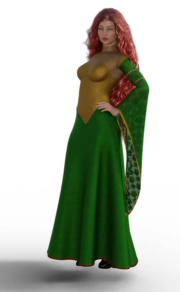 Renderizado Una Hermosa Chica Vestido Verde — Foto de Stock