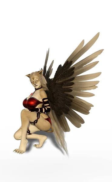 Fantasy Lioness Woman Wings — Photo
