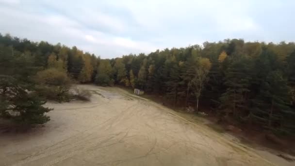 Flyger Ett Stenbrott Vit Sand Skog Gula Träd Höst Skönhet — Stockvideo