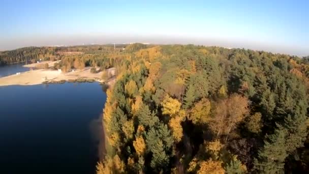 Flyger Ett Stenbrott Vit Sand Skog Gula Träd Höst Skönhet — Stockvideo