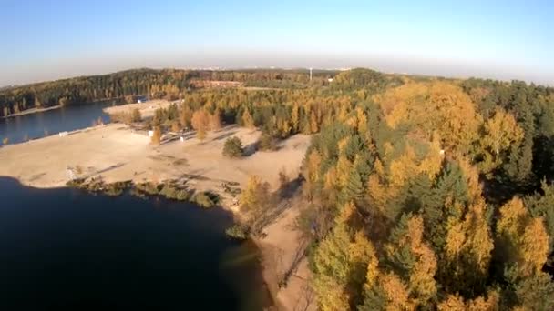 Fliegen Auf Einem Steinbruch Weißer Sand Wald Gelbe Bäume Herbst — Stockvideo
