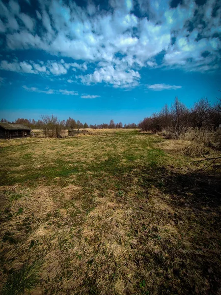 Krásná Krajina Stepi Pole Obzoru Zelená Tráva Modrá Obloha Bílé — Stock fotografie