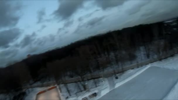 Quadcopter Test Flights Winter Field Stadium White Snow Bird Eye — Vídeo de Stock