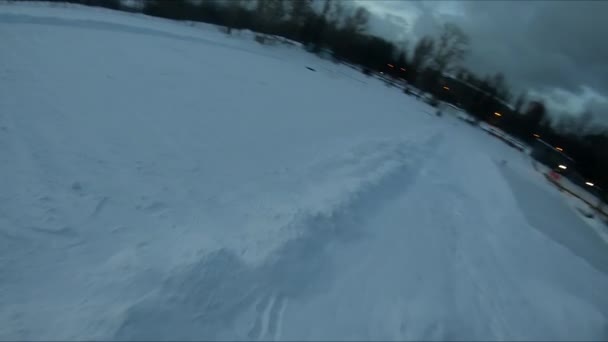 Voli Prova Quadricottero Inverno Campo Stadio Neve Bianca Vista Panoramica — Video Stock
